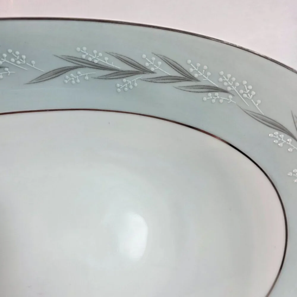 Noritake Sheldon Serving Bowl 10 Inch White with Aqua Band and White Flowers